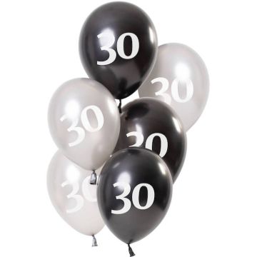 30th birthday metallic balloons black and silver 6x - 23 cm