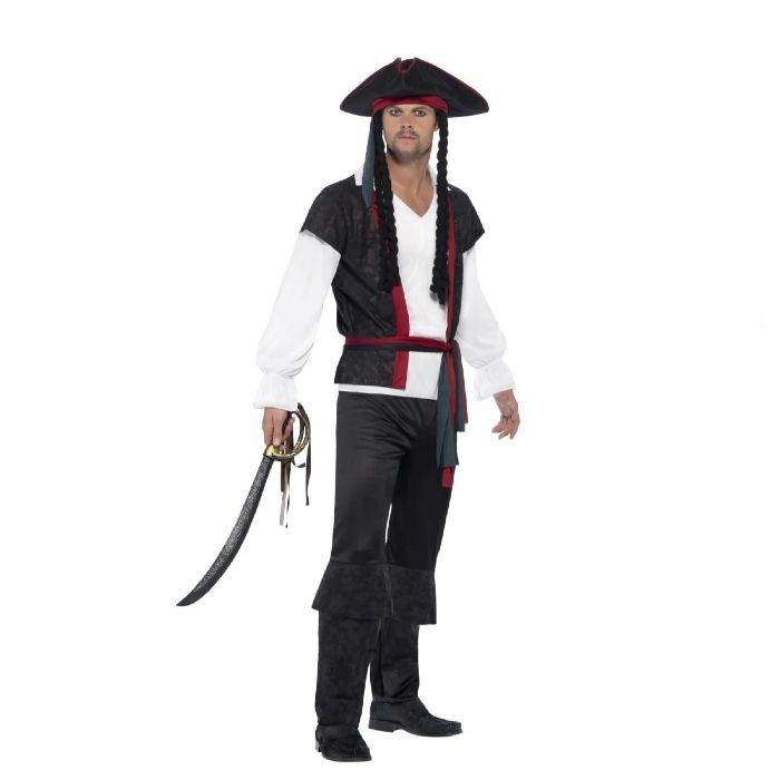 Classic pirate costume with red details