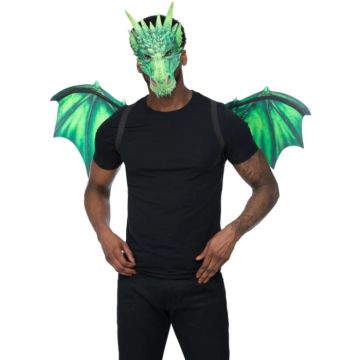 Grøn drage sæt inkl vinger og maske one-size