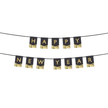 Black New Year's garland with gold lettering and fringes - 135x16.5 cm