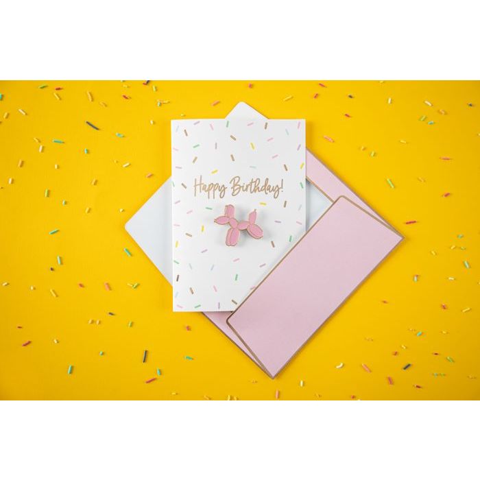 White birthday card with balloon dog and confetti motifs with envelope - 14.8x10.5 cm
