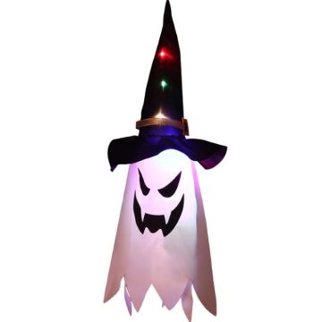 Halloween ghost decoration with witch hat and LED light - 45x25 cm