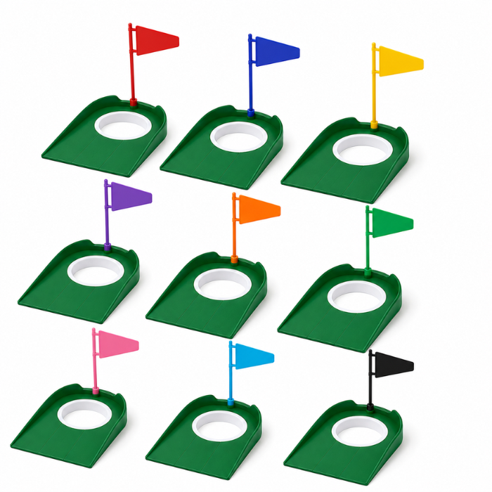 Golf putting training set with putting cups, flags, and ball collector