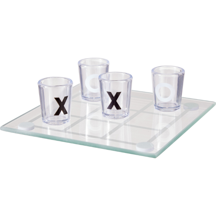 Glass tic-tac-toe drinking game with 9 shot glasses