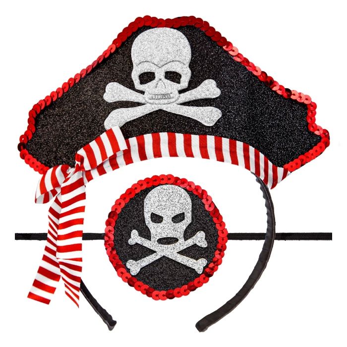 Headband and pirate eye patch made of glittering material 