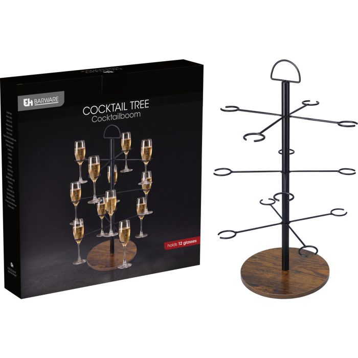 Cocktail Tree for 12 Glasses in Black Iron with Wooden Base