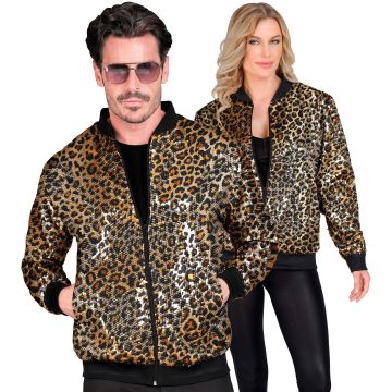 Sequinned bomber jacket with leopard print in gold