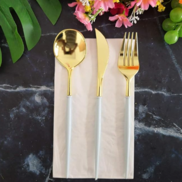 Plastic cutlery set gold including fork, knife, and spoon