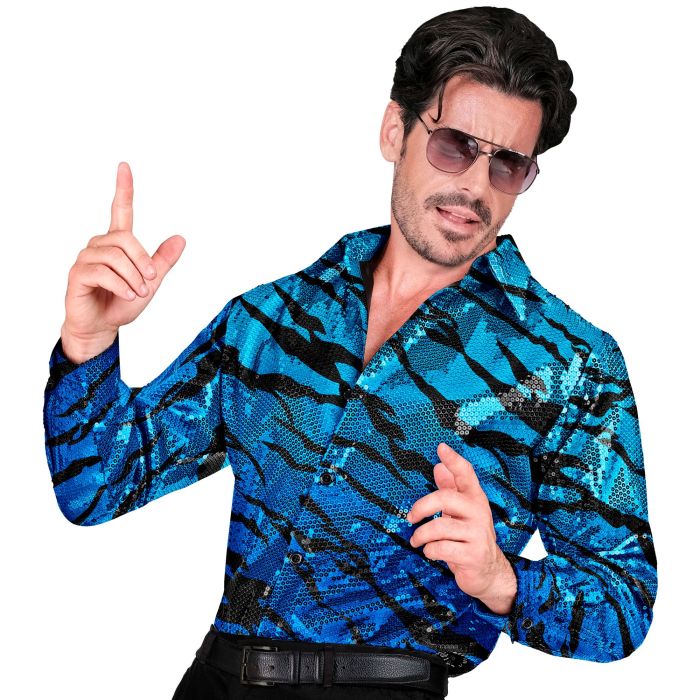 Wave Sequined Shirt for Men in Turquoise Blue