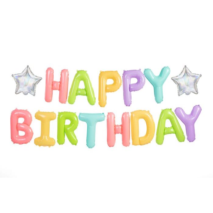 Multicoloured pastel Happy Birthday letter foil balloons with 2 silver star balloons - 395x35 cm