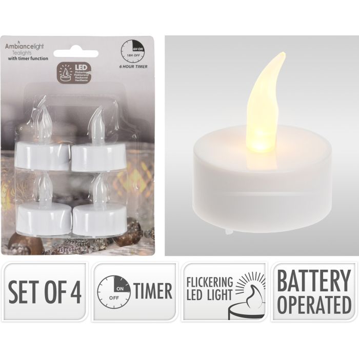 LED Tealights 4 pcs. with timer and flickering light