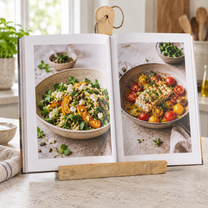 Cookbook stand in mango wood with string – environmental image