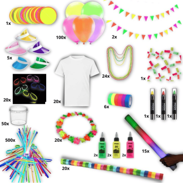 Large UV Neon party pack including paint, glow sticks, t-shirts etc.