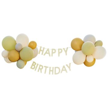 Happy birthday garland including natural-coloured balloons 