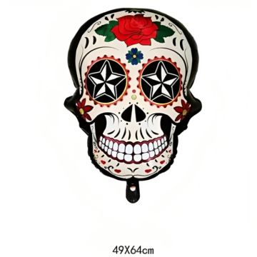Inflatable Day of the Dead skull with red rose motif