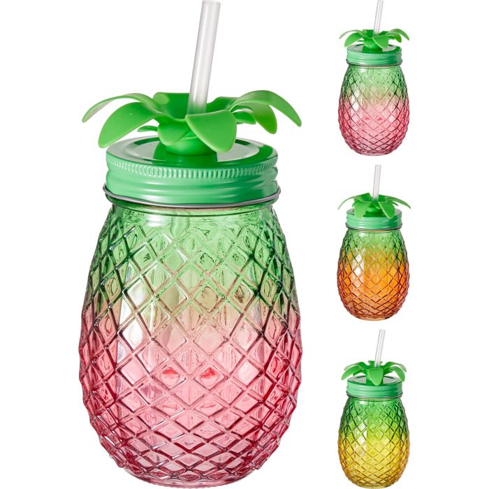 Pineapple-Shaped Drinking Glass with Lid and Straw, 400 ml