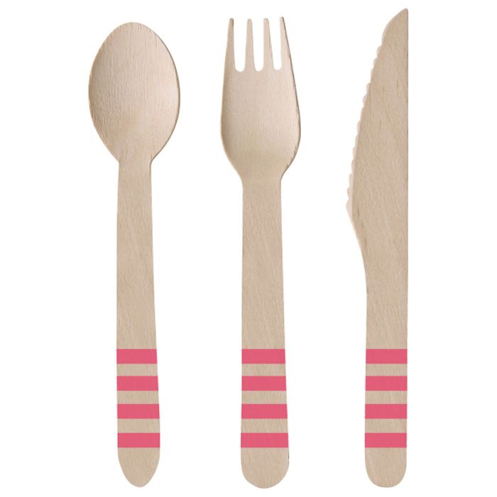 Pink wooden cutlery set 24x 