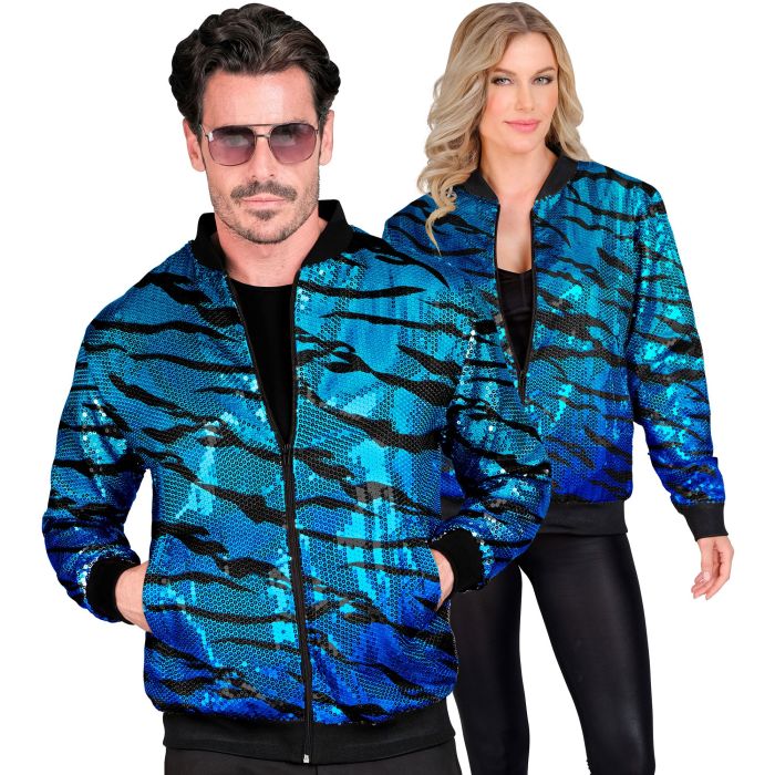Turquoise Blue Sequin Bomber Jacket with Wave Pattern