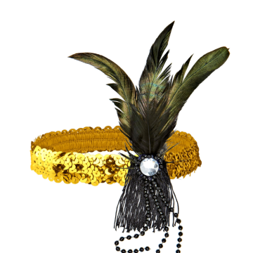 Gold headband with feathers and pearls