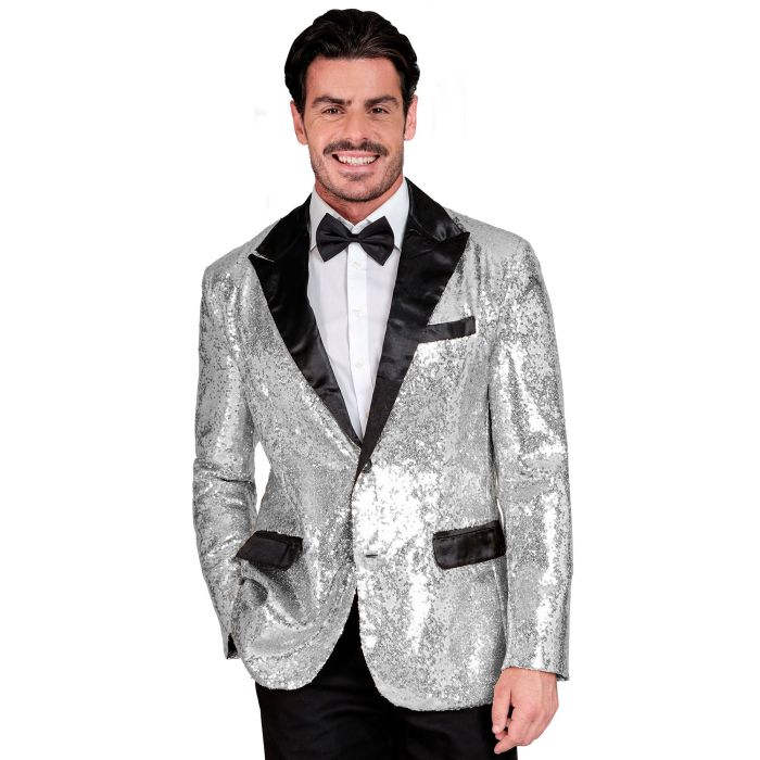 Silver Sequined Jacket with Satin Details
