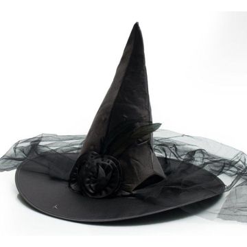 Black witch hat with veil and flowers