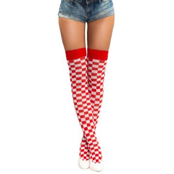 Over-knee socks one-size checked red and white