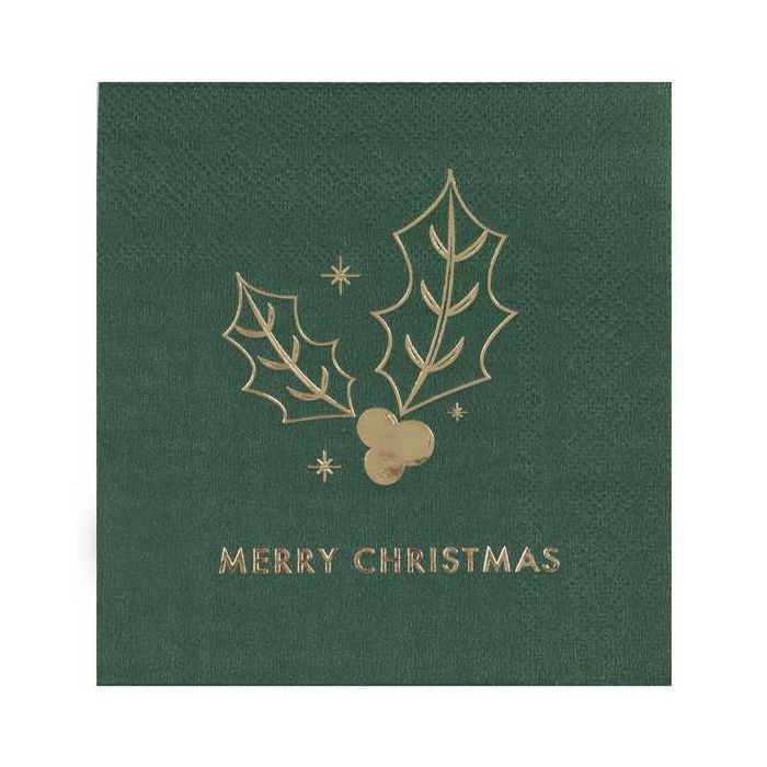 Green Merry Christmas Napkins with Gold 16x
