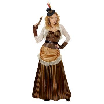 Striped steampunk dress in brown and gold