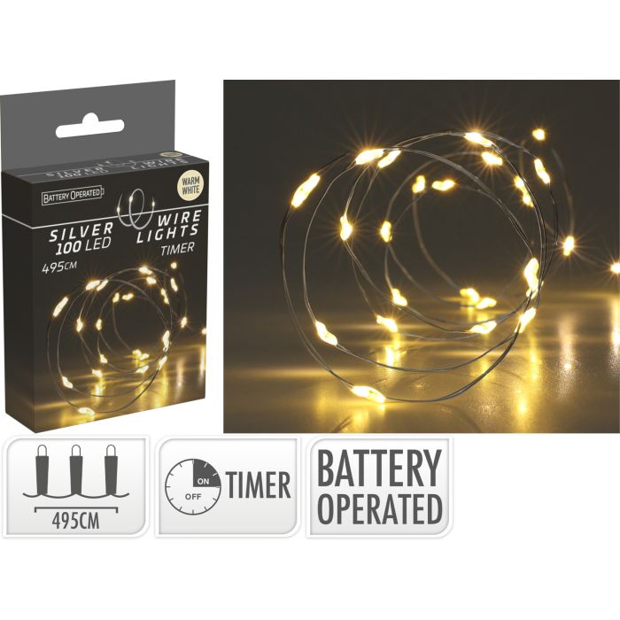LED Light Chain on Silver Wire with 100 Micro Lights