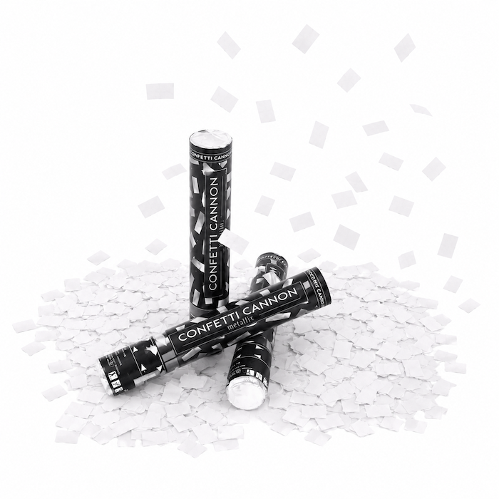 White confetti tube 40 cm PartyVikings - Metallic Rectangular