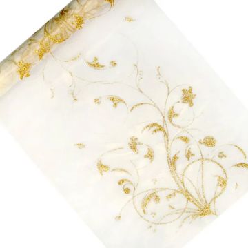 Organza table runner cream colour with gold pattern 0.36x9 m