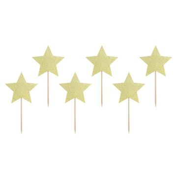 Gold glitter star food picks 6x - 11.5 cm