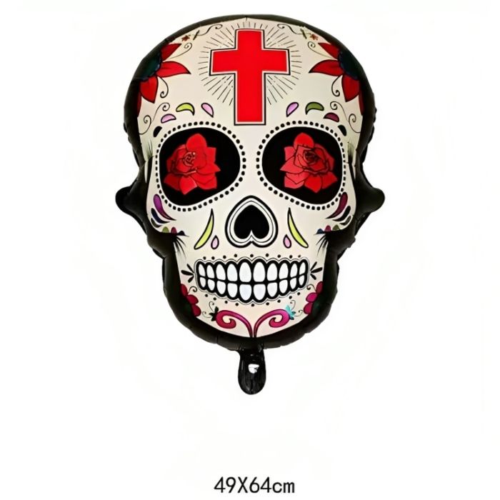 Inflatable Day of the Dead skull with red cross motif