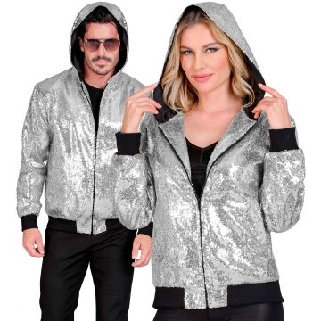 Silver sequin bomber jacket with hood