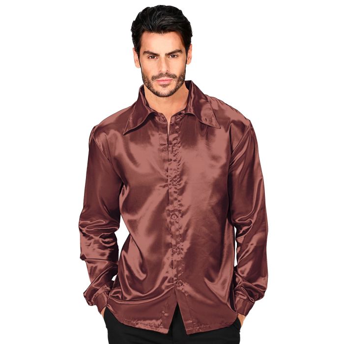 Brown satin disco shirt for men
