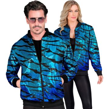 Turquoise Blue Sequin Bomber Jacket with Wave Pattern