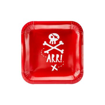 Red paper plates with white pirate design 6x - 20x20 cm