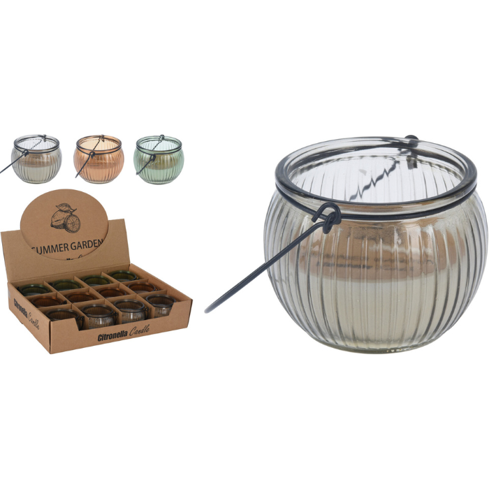 Citronella candle in assorted coloured glass 76x76x61 mm