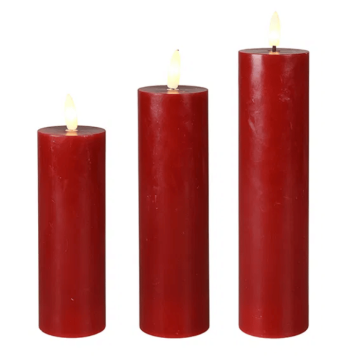 LED wax candle set 3x dark red - 15/17.5/20 cm