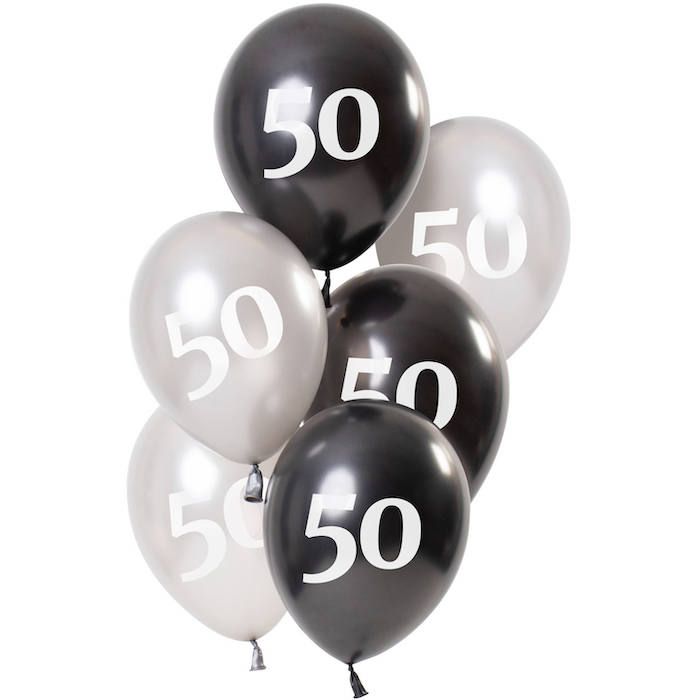 50th balloons, metallic black and silver 6x - 23 cm