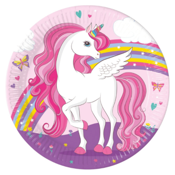 Pink unicorn paper plates 8x - 23 cm