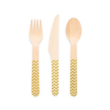 Gold patterned wooden cutlery 18 pieces - 16 cm