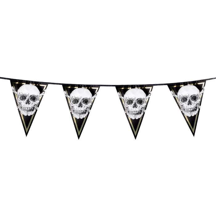 Skull flag garland with gold trim - 4 m