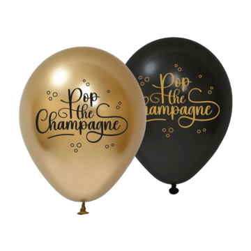 Gold and Black balloons 8x Pop the Champagne - 30 cm