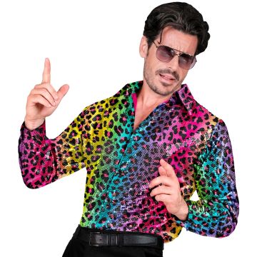Rainbow Sequin Shirt with Leopard Pattern for Men