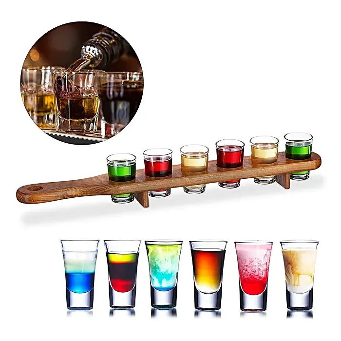 Wooden shot holder incl 6x shot glasses