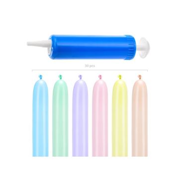 Modelling balloon animal kit with pastel coloured balloons and pump 30 pieces - 130 cm