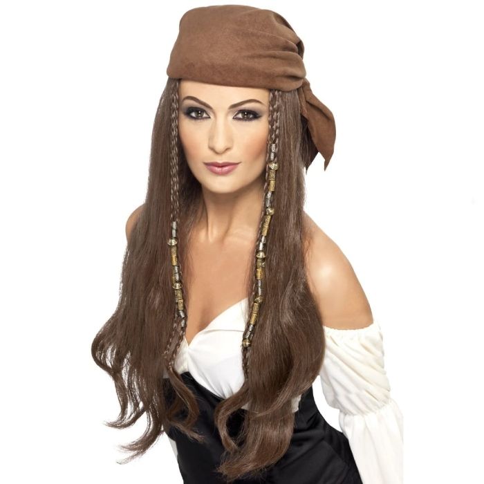 Brown Pirate Wig with Bandana and Beads - onesize