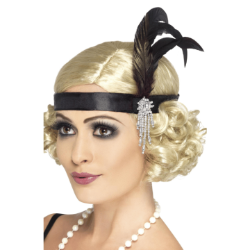 Black satin headband with feathers