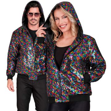 Multicoloured sequin bomber jacket with hood